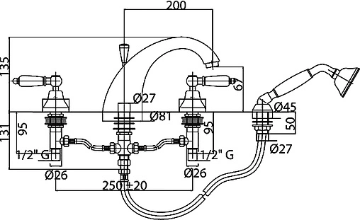 Смеситель на борт ванны на 4 отверстия Cezares First хром/белый FIRST-BVD-01-Bi